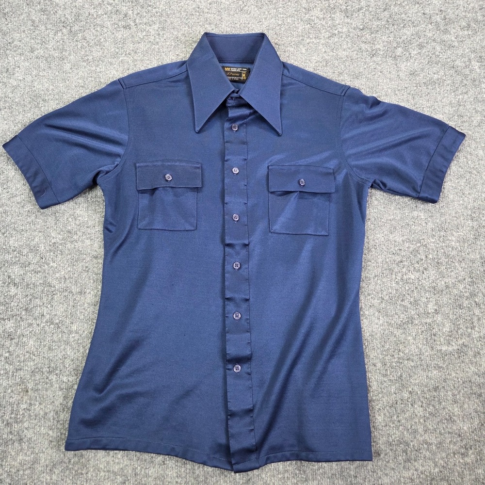 Vintage JC Penny Shirt Men Medium Navy Blue Short Sleeve Dagger Collar Disco 70s